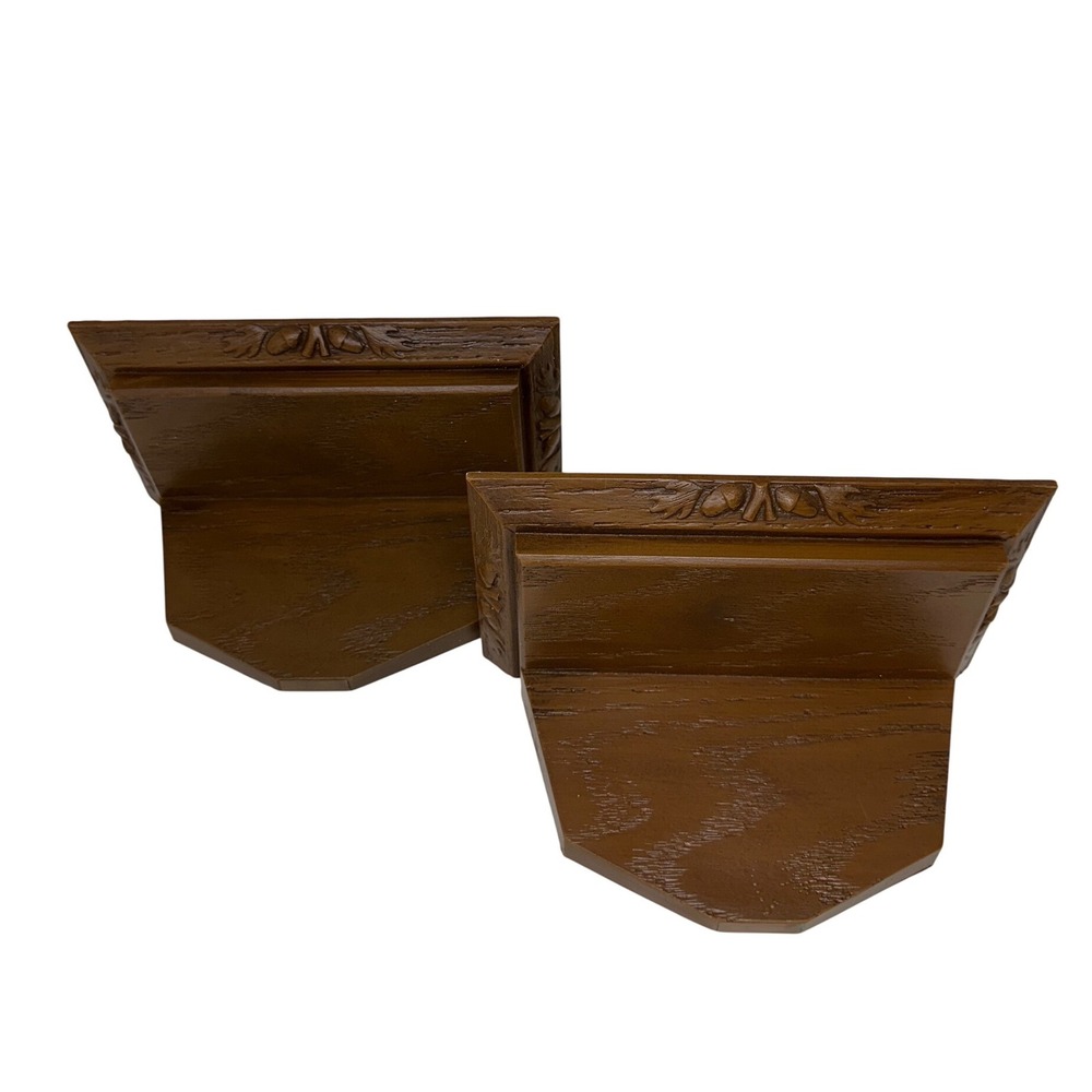 VTG Syroco Faux Wood Wall Sconces Brown Acorn Leaf Carved Floating Shelves Pair